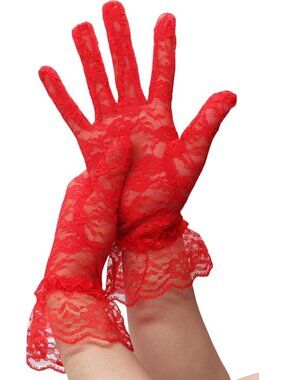 Women's Red Lace Wrist Length Floral Opera Tea 80s Bridal Wedding Party Gloves